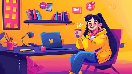 Blogger's Digital Realm: Woman at Laptop with Social Media