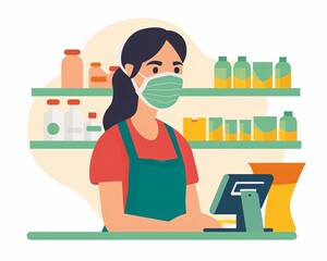 Icon design featuring a cashier with a face mask, symbolizing safe shopping in a medical context, no people, closeup, High resolution