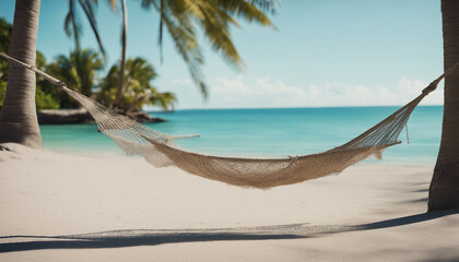 Serene Beach Scene with Hammock Between Palm Trees