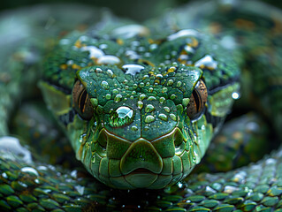 Fototapeta premium Close-up of a green snake. Artificial intelligence.
