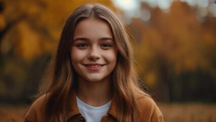 A girl with long brown hair is smiling and wearing a brown jacket. The image has a warm and friendly mood - Powered by Adobe