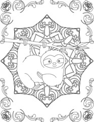 Sloth on Mandala Coloring Page. Printable Coloring Worksheet for Adults and Kids. Educational Resources for School and Preschool. Mandala Coloring for Adults