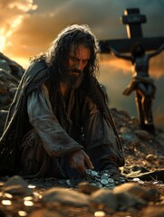 Fototapeta premium A Tragic Scene - moment when Judas betrays Jesus for thirty pieces of silver epitomises betrayal and its impact on both sides. Next to him is crucifixion of Christ, symbolising redemption and hope.