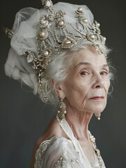 Portrait of an elderly grey hair woman wearing a crown of jewels