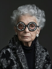 Portrait of an elegant older woman with diamond studded black glasses