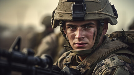 War solder in the war, hero mood on face, closeup 