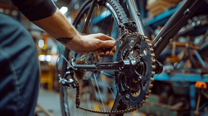 Obraz premium A mechanic works on a bicycle gear in a workshop, surrounded by tools and bike parts, highlighting precision and craftsmanship in bike maintenance.
