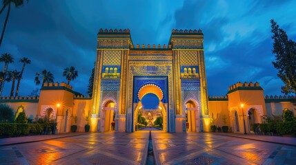 The main gate of the marrocan king palace in Fes at night, with yellow and blue colors, wide angle shot, front view, professional photography lighting, high resolution