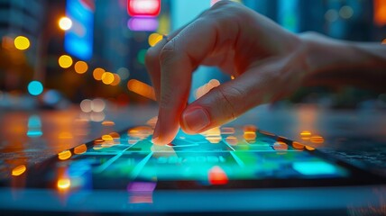 Close-up of a hand touching a digital interface on a tablet with city lights in the background, representing modern technology and innovation.