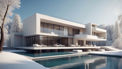Architecture modern house villa with swimming pool in winter, 3D building design illustration