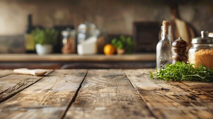 Rustic wooden kitchen table with herbs and spices Blurred background - Powered by Adobe