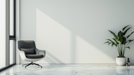 Minimalist room with chair and potted plant Sunlight streams in through large windows