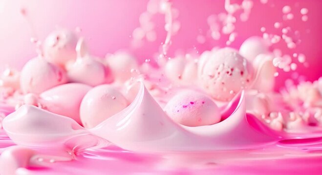 Explore a tilted cube boxed ice cream mockup Scoops of ice cream float against a pink background, illuminated by harsh lighting, in a vertical composition that draws the viewer's eye with its striking