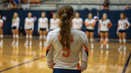 Female volleyball player in number 5 jersey looking at lined up teammates on court before a game,...