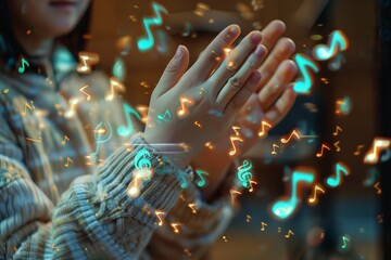 Hands clapping with glowing musical notes floating around, symbolizing joy, celebration, and the...