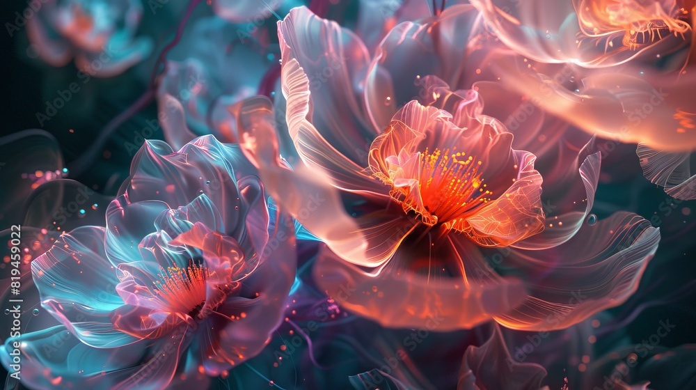 Aufkleber within the depths of virtual space, a spectral bloom unfurls a convergence of code and creativity, c