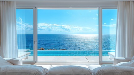 Fototapeta premium The open window of the villa offers a view of the sea. An idyllic picture of relaxation and tranquility. Generative AI
