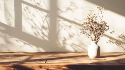 Minimalist vase with dried flowers on rustic wooden table sunlight and shadows