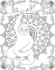 Fototapeta na wymiar Sloth on Mandala Coloring Page. Printable Coloring Worksheet for Adults and Kids. Educational Resources for School and Preschool. Mandala Coloring for Adults