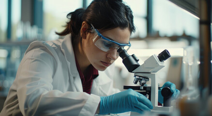A young female scientist is looking through her microscope in the laboratory, with an out of focus...