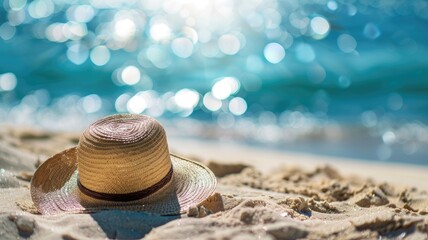 Straw hat rests on sandy beach by ocean with blurred blue water in background