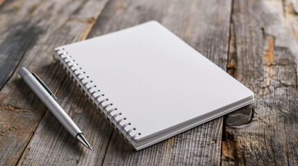 a blank notebook and a silver pen on a wooden table.