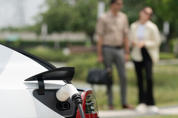 Young couple recharge electric car's battery from charging station in outdoor green city park in...