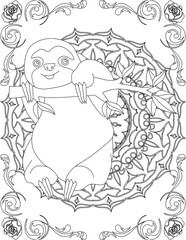 Sloth on Mandala Coloring Page. Printable Coloring Worksheet for Adults and Kids. Educational Resources for School and Preschool. Mandala Coloring for Adults