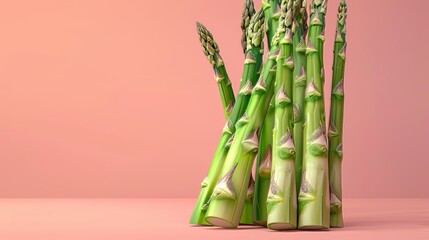 Fototapeta premium Asparagus, a photorealistic illustration against pastel pink background with copy space for text or logo, beautifully illuminated by studio lighting, flat lighting 