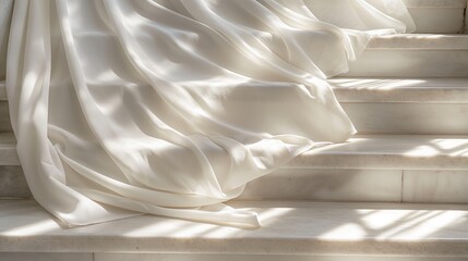 Flowing white bridal gown cascading down marble stairs at sunset
