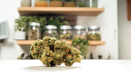 Close-up of cannabis buds on white surface with glass jars in background during daytime.