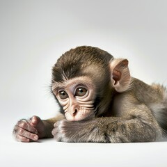 realistic photograph: full body shot of a sweet little monkey looking to the left lying on a head in front of white 
