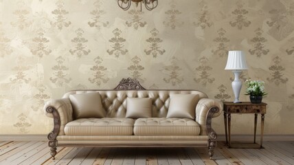 Elegant, vintage-style living room with beige patterned wallpaper