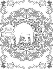 Sloth on Mandala Coloring Page. Printable Coloring Worksheet for Adults and Kids. Educational Resources for School and Preschool. Mandala Coloring for Adults