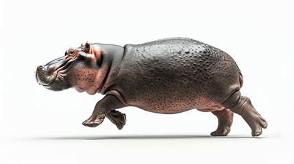 realistic photography of a over weight hippopotamus jumping on isolate white background, highly quality, ultra detailed, studio light, 8k