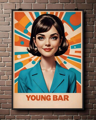 Mockup poster 3d mujer estética años 60s y colores con el texto young bar