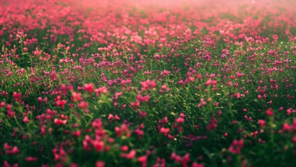 Lush green field covered in a multitude of pink flowers creating a vibrant and colorful scene