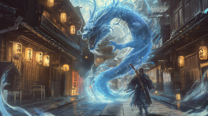 A samurai is fighting a blue dragon in a city.