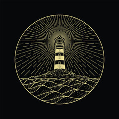 Lighthouse at night in the middle of the sea with calm and peaceful waves