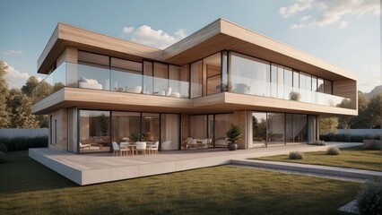 Fototapeta premium Architecture modern elite house with courtyard and large glass windows, 3D building design illustration