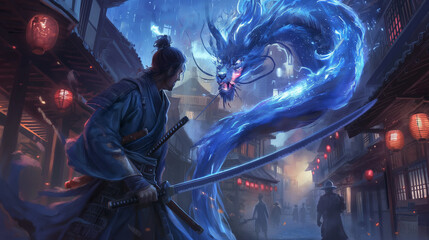 A samurai is fighting a blue dragon in a city.