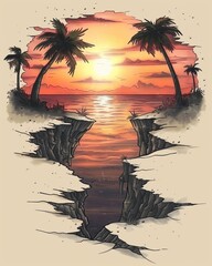 Digital illustration of a tropical sunset with palm trees, vibrant colors, and a beach scene reflecting in the water for a serene, mystical feel.