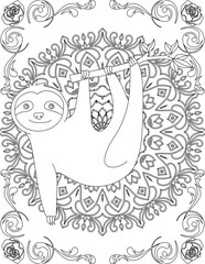 Sloth on Mandala Coloring Page. Printable Coloring Worksheet for Adults and Kids. Educational Resources for School and Preschool. Mandala Coloring for Adults