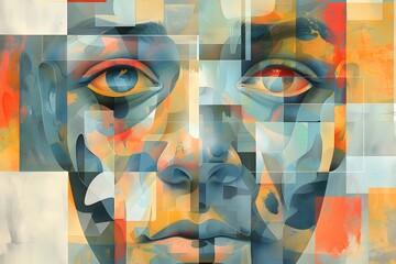 A colorful collage of a face with a blue eye. The face is made up of different colored squares and triangles. Scene is vibrant and playful