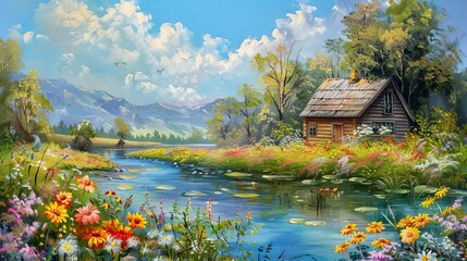 summer landscape oil painting with old wooden house river and beautiful flowers