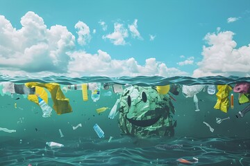 A smiling face is floating in a sea of plastic waste. Concept of sadness and despair at the state of our oceans and the impact of human waste on the environment