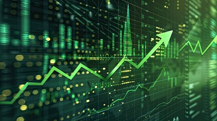 business finance chart . green arrow pointing up on digital green background, financial growth and success for business