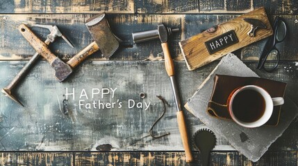 top view of gray concrete table with a coffee cup, hand saw and hammer on it, glasses, text "HAPPY Father's Day", flat lay background, concept for father's day celebration