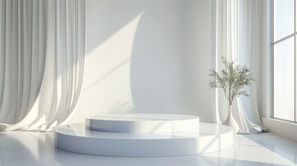 Fototapeta premium a white table with a white base and a white curtain