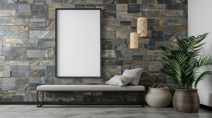 Coastal interior design of modern entrance hall with empty blank mock up frame, stone tiles wall
